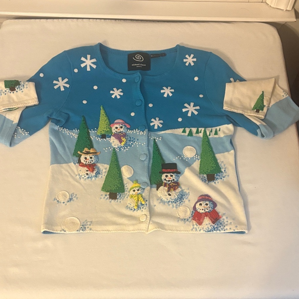 Winter Sweater by Michael Simon Blue/ White Snowman Sweater/Winter/Christmas - s